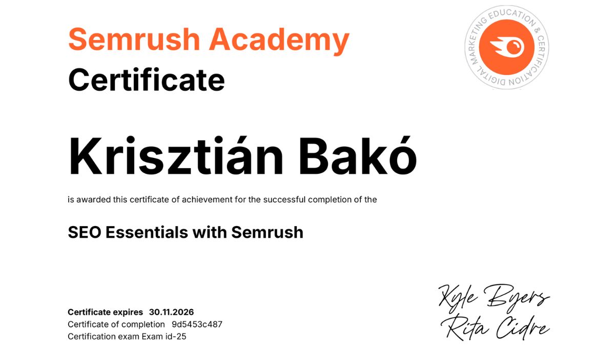 A SEO legfontosabb elemei a Semrush-sal. Tanúsítvány