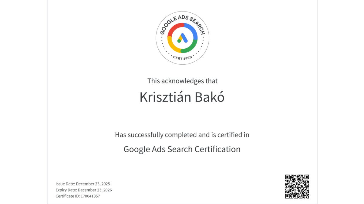 Google Ads Search Certification minősítés-Bakó Krisztián