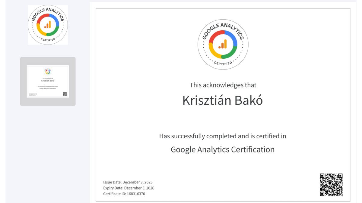 Google Analytics szakember minősítés-Bakó Krisztián