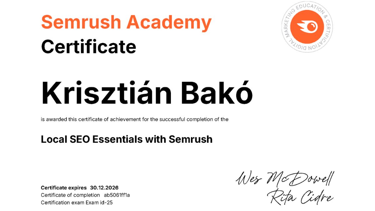 Semrush Academy certificate minősítés-Bakó Krisztián- Local SEO