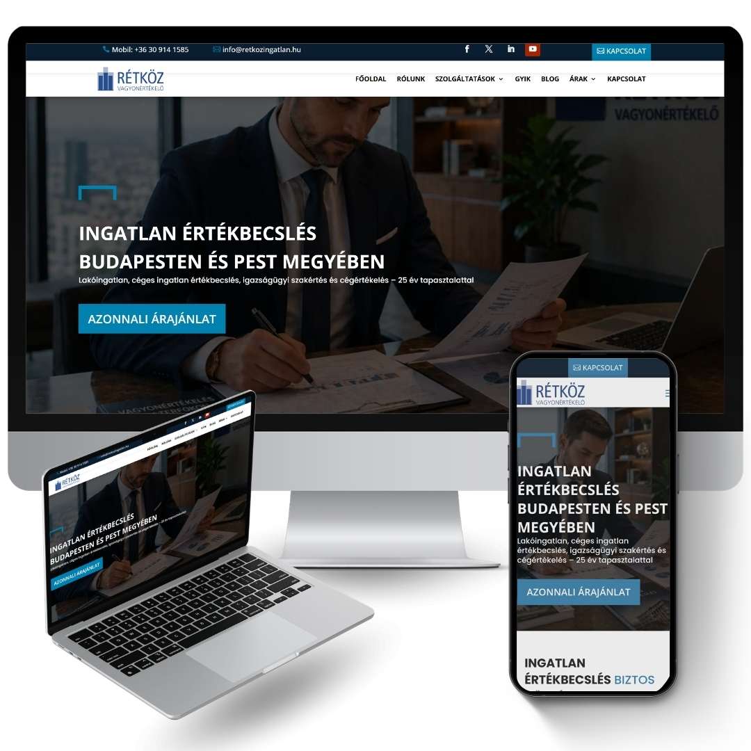 Ingatlan értékbecslő weboldal készítése – reszponzív design ingatlan értékbecslő weboldal készítés Budapest mobil és desktop nézetben