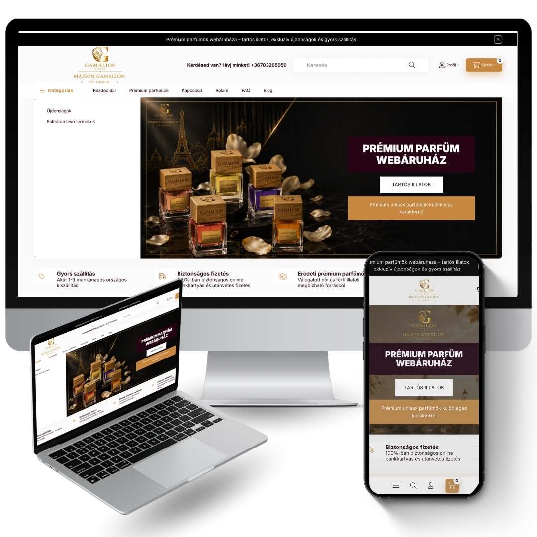 Prémium parfüm webáruház készítés UNAS és SEO optimalizálással Parfüm webáruház készítés SEO és AI optimalizált UNAS rendszerben prémium dizájnnal