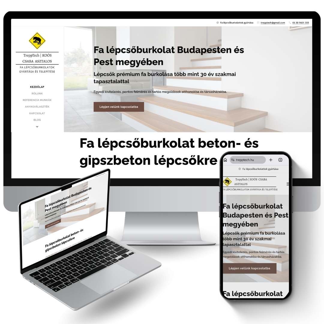 TreppTech fa lépcsőburkolat weboldal készítés SEO és AI optimalizálással Fa lépcsőburkolat készítéssel foglalkozó vállalkozás WordPress weboldala SEO és AI keresőoptimalizálással