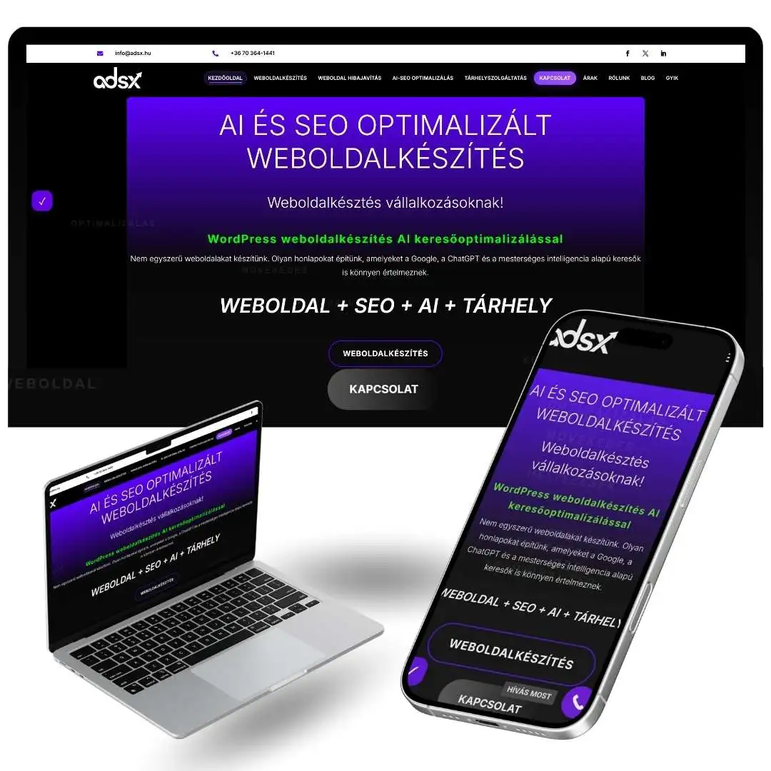 ADSX weboldal referencia AI és SEO optimalizált WordPress weboldalkészítéshez laptopos és mobilos megjelenéssel