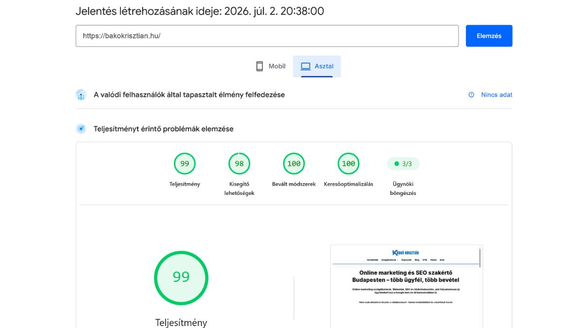 PageSpeed Insights eredmény a bakokrisztian.hu weboldal technikai SEO teljesítményéről